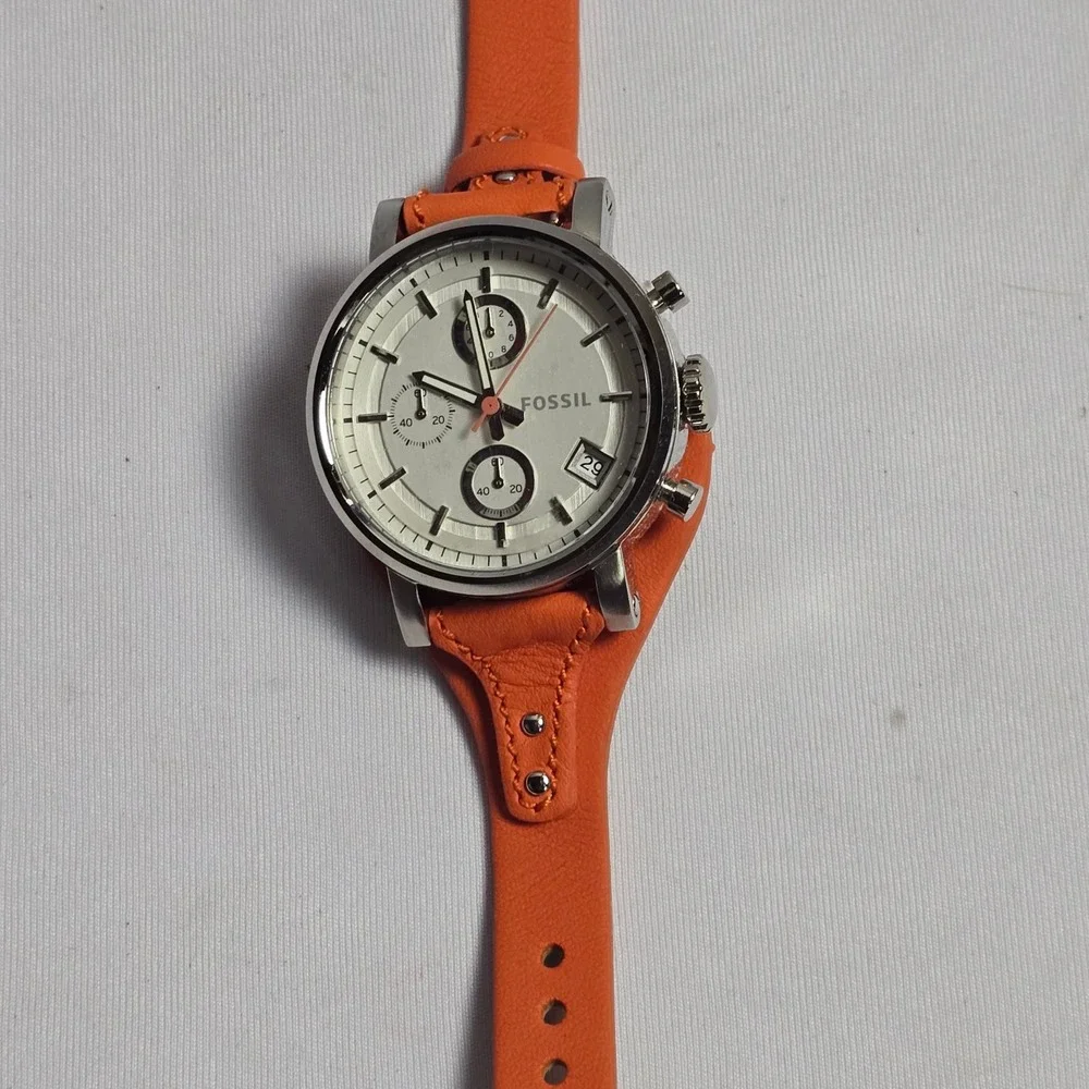 Fossil Del Rey Chronograph Orange Leather Cuff Watch ES3768 Silver Cream Dial